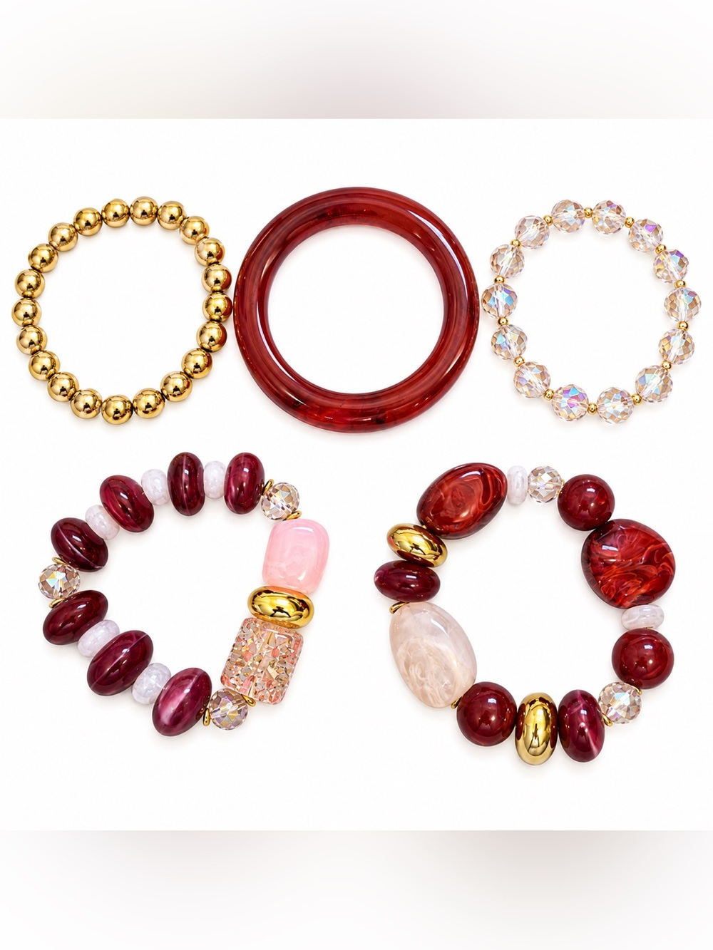 Zara Red, Burgundy and Gold Mixed Beaded Bracelet Set